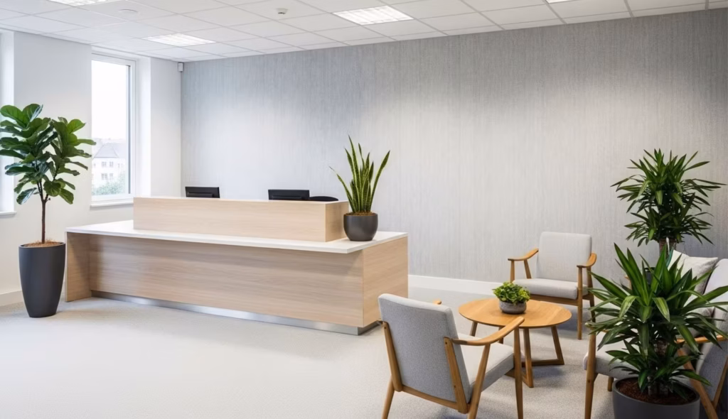 Minimalistička recepcija sa akcentnom biljkom u enterijeru.